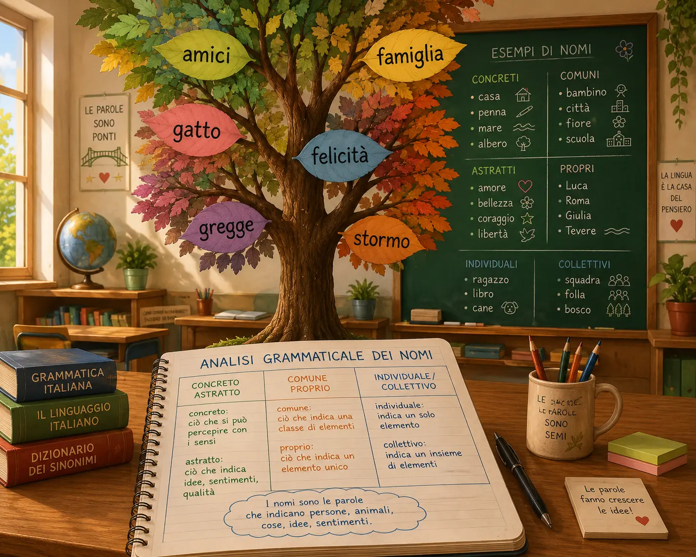 Analisi grammaticale dei nomi: amici, famiglia, gatto, felicità e classe esempi