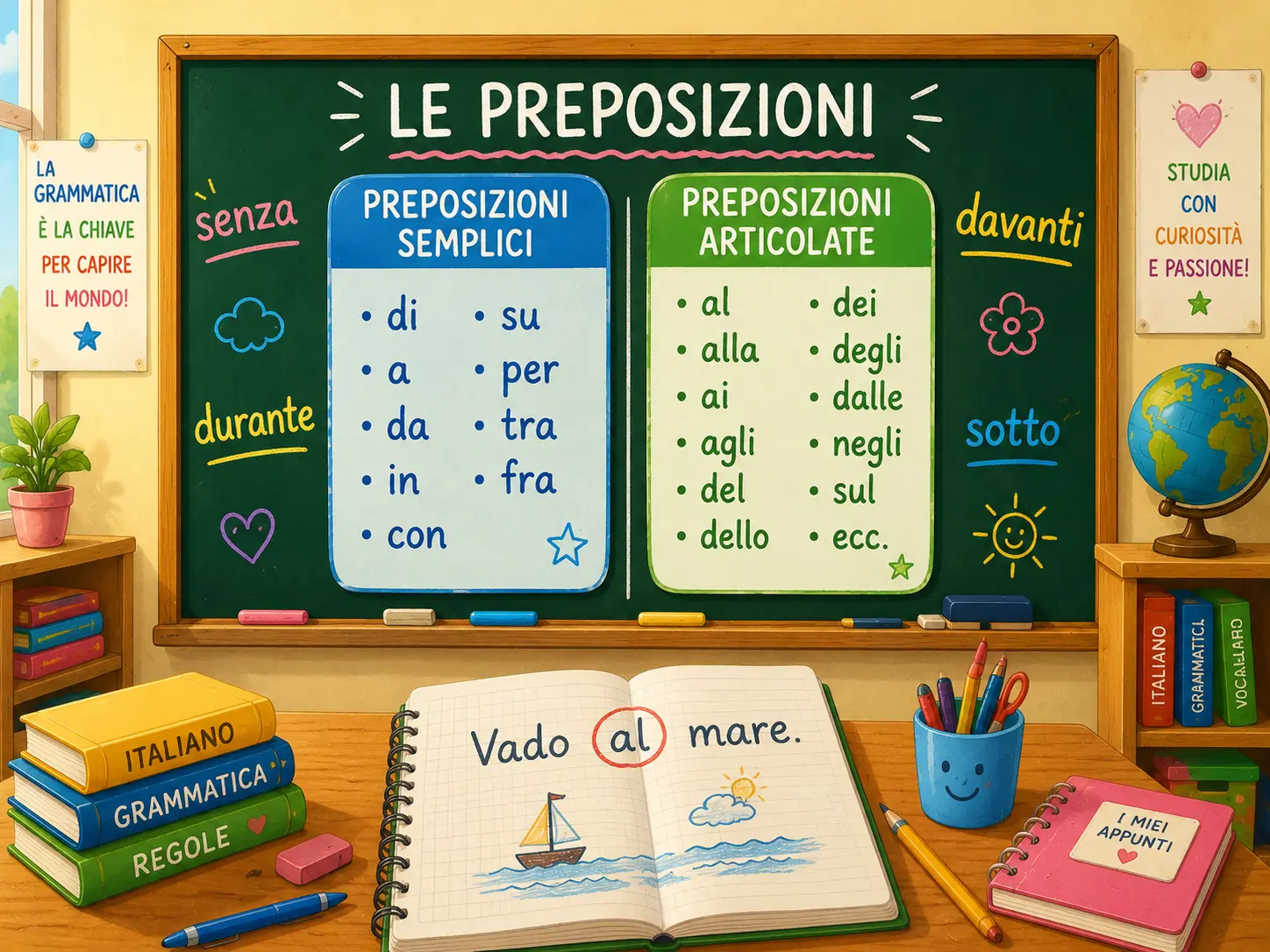 Analisi grammaticale di preposizioni come di, con, in, su e senza