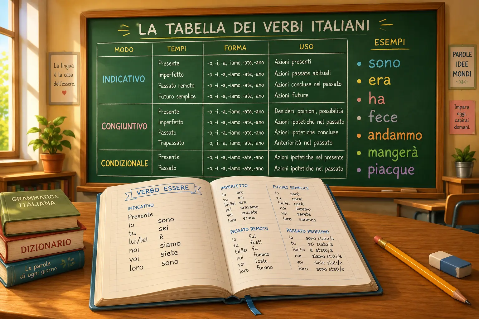 Analisi grammaticale dei verbi sono, era, ha e mangerà